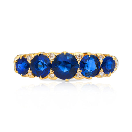 Antique, Edwardian Five Stone Sapphire Ring, 18ct Yellow Gold front view.
