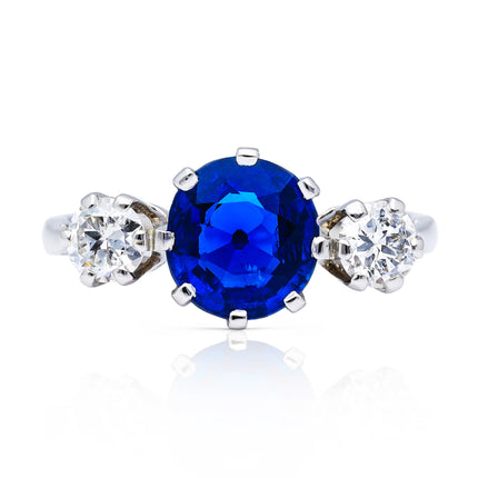 Burma Blue Sapphire and Diamond Three Stone Engagement Ring, Platinum