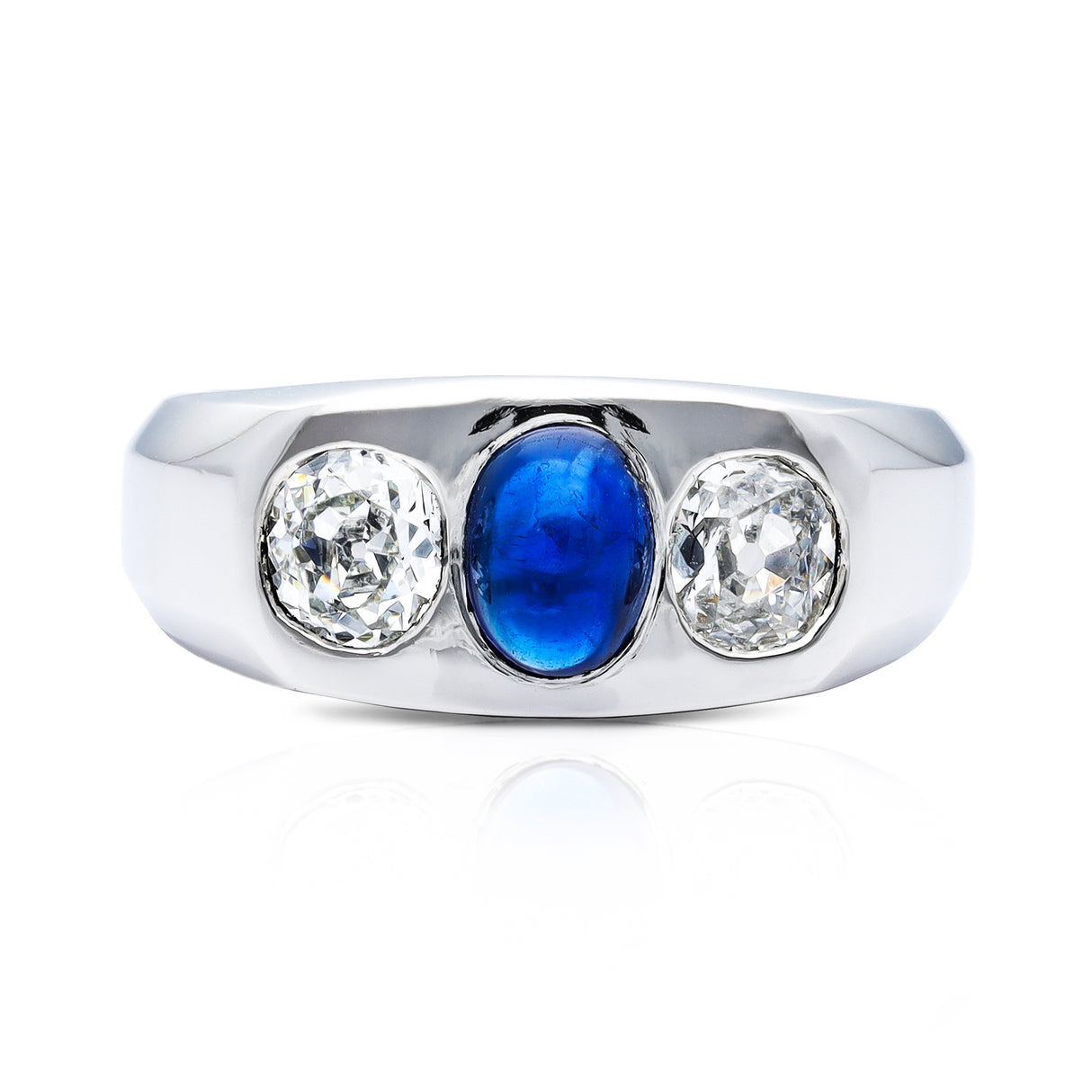1920s Cabochon Sapphire and Diamond Three Stone Gypsy Ring, Platinum