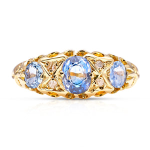 Sold! Antique, Edwardian sapphire and diamond three-stone engagement ring, 18ct yellow gold