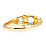 Antique, Edwardian sapphire and diamond three-stone engagement ring, 18ct yellow gold