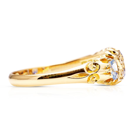 Antique, Edwardian sapphire and diamond three-stone engagement ring, 18ct yellow gold