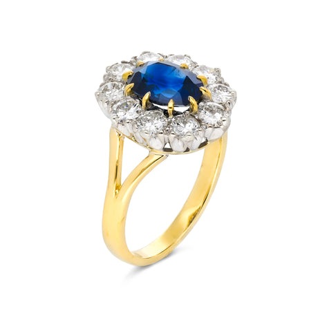 Vintage, blue sapphire & diamond cluster engagement ring, 18ct yellow gold