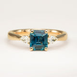 Square-Cut Teal Sapphire and Diamond Three-Stone Engagement Ring