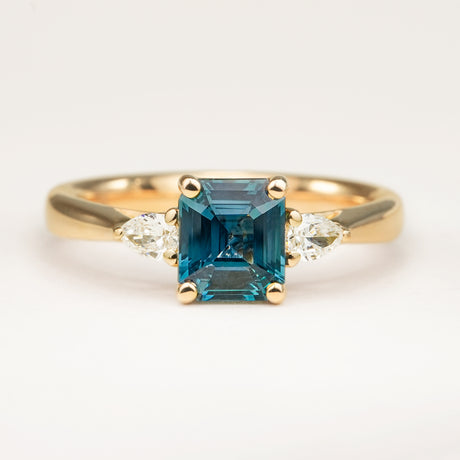 Square-Cut Teal Sapphire and Diamond Three-Stone Engagement Ring