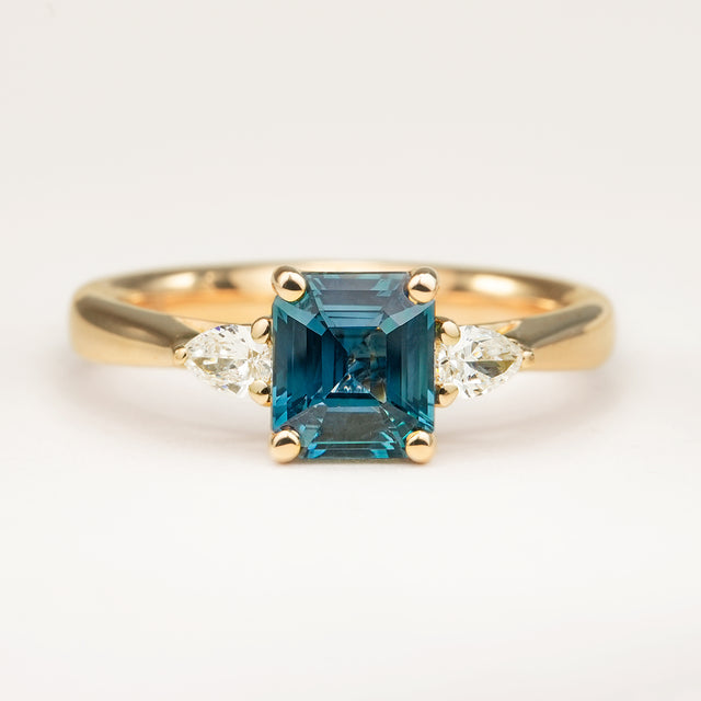 Square-Cut Teal Sapphire and Diamond Three-Stone Engagement Ring