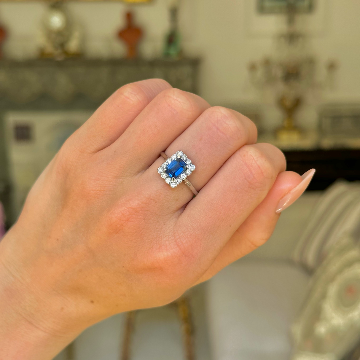 Antique, Art Deco, Emerald-cut Blue Sapphire and Diamond Cluster Ring, Platinum