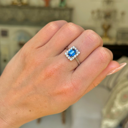 Antique, Art Deco, Emerald-cut Sapphire & Diamond Cluster Engagement Ring, Platinum