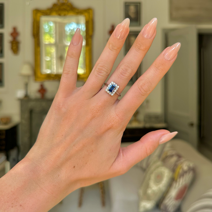 Antique, Art Deco, Emerald-cut Sapphire & Diamond Cluster Engagement Ring, Platinum - Handshot