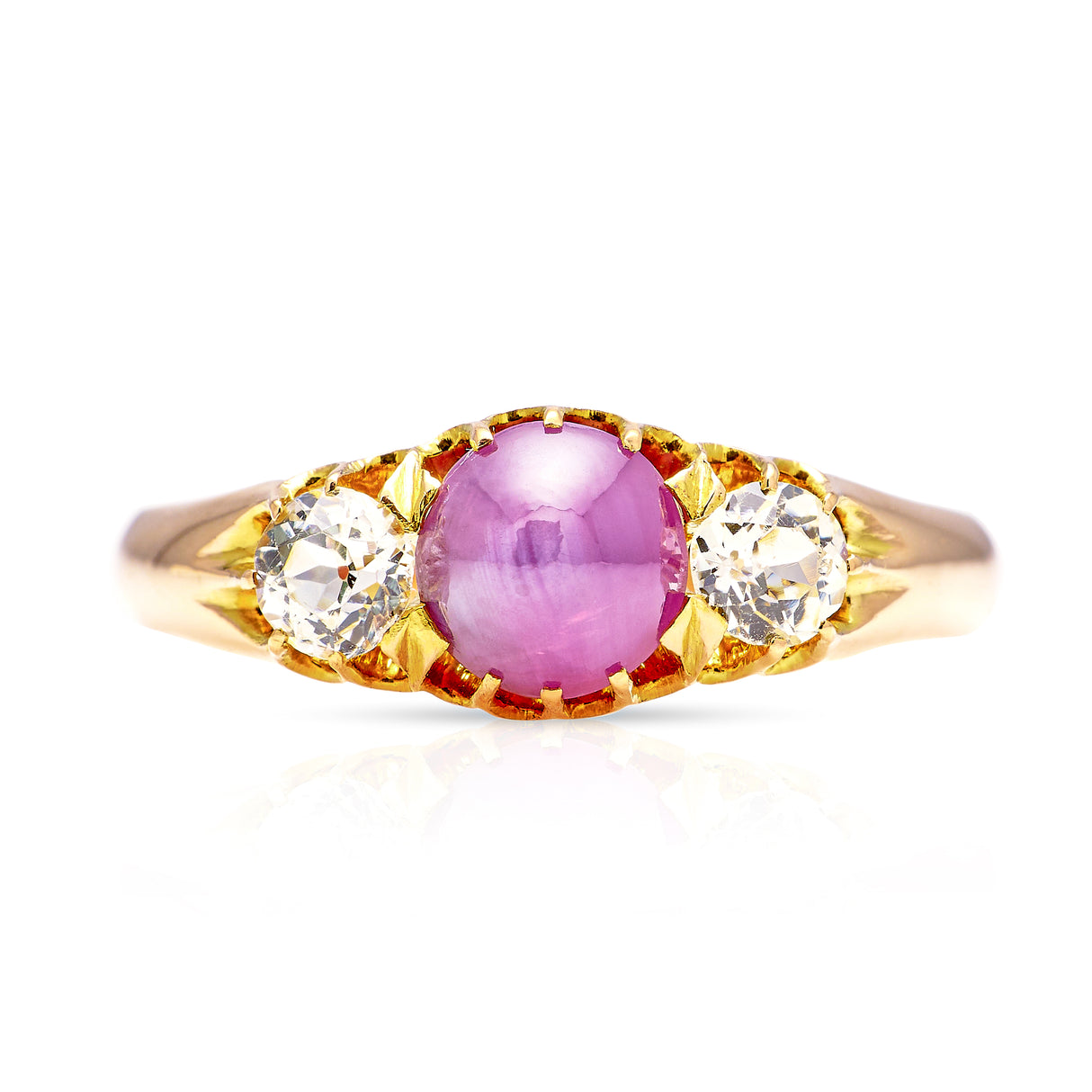 Antique, Edwardian Cabochon Star Ruby and White Sapphire Three-Stone Ring, 15ct Gold