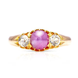 Antique, Edwardian cabochon star ruby and white sapphire three-stone ring, 15ct gold