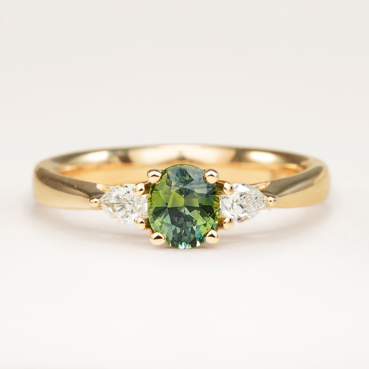 Teal Green Sapphire Diamond Three-Stone Engagement Ring