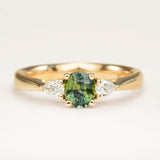 Teal Green Sapphire Diamond Three-Stone Engagement Ring