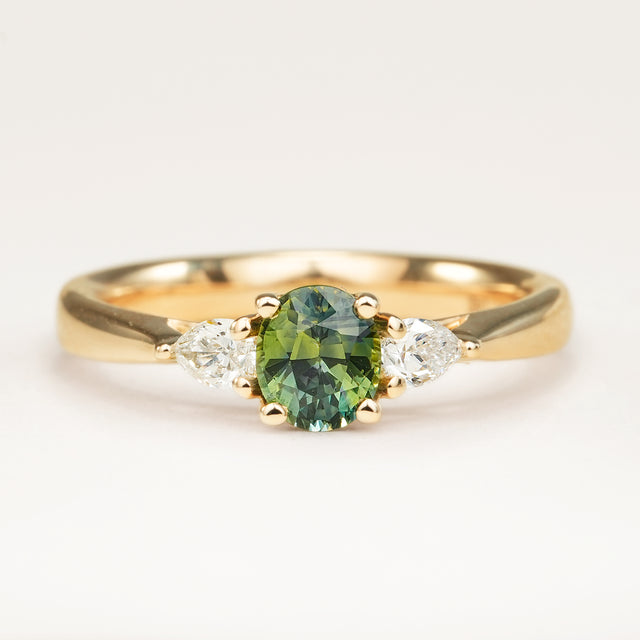 Teal Green Sapphire Diamond Three-Stone Engagement Ring