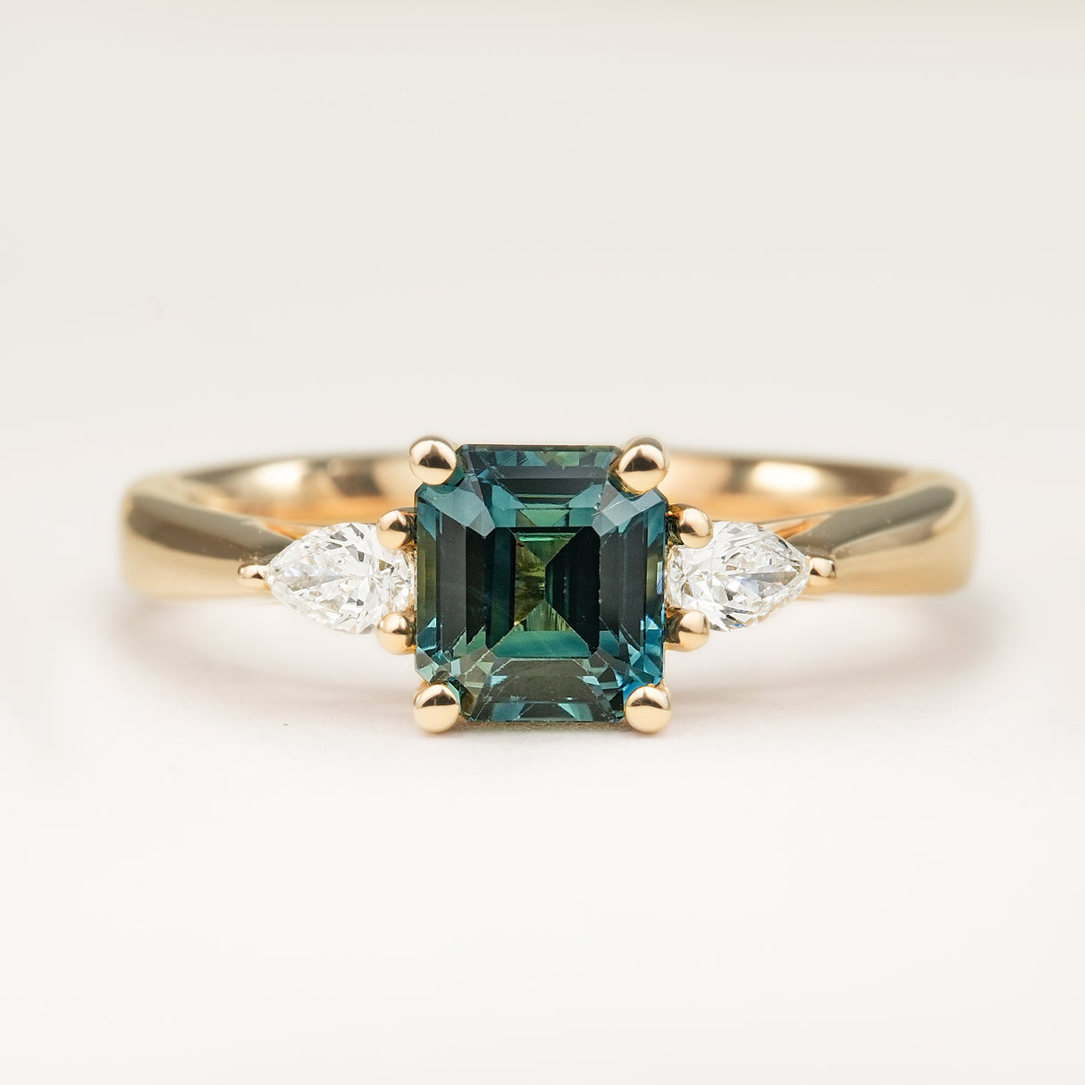 Teal Sapphire Diamond Three-Stone Engagement Ring