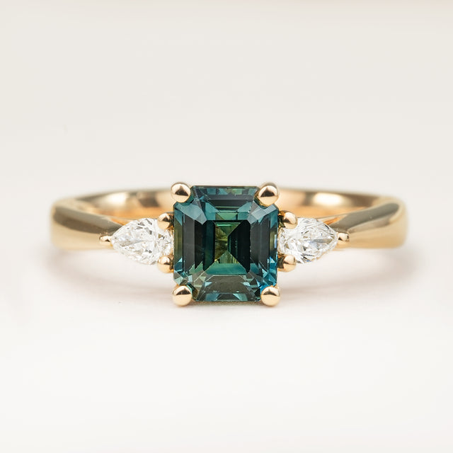 Teal Sapphire Diamond Three-Stone Engagement Ring