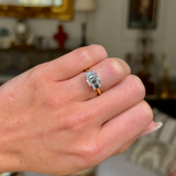 Three stone emerald-cut diamond ring worn on a closed hand Shot with antiquated bokeh background