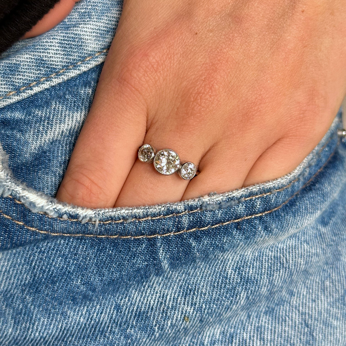 Vintage Art Deco Platinum Large Diamond Three Stone Ring