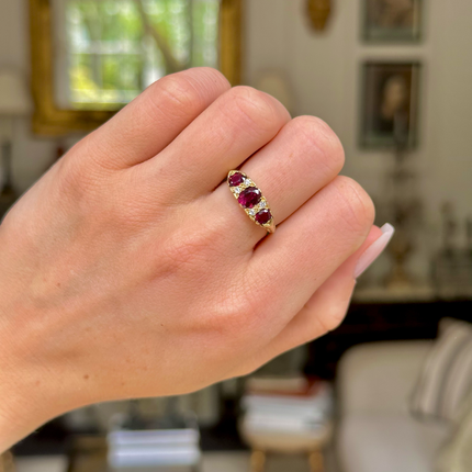 Antique, Three Stone Ruby and Diamond Engagement Ring, 18ct Yellow Gold