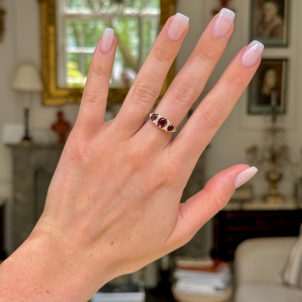 Antique, Three Stone Ruby and Diamond Engagement Ring, 18ct Yellow Gold