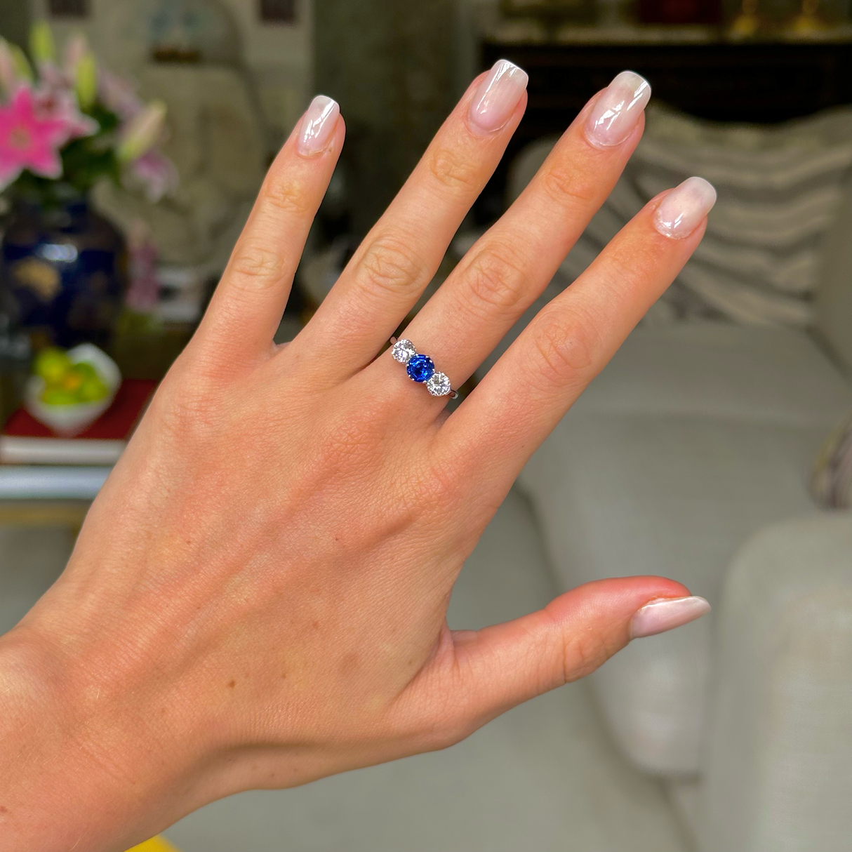 Antique, Art Deco sapphire & diamond three stone ring, platinum