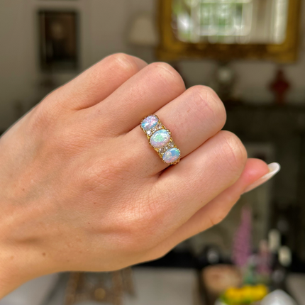 Antique, Edwardian, Three Stone Australian Opal and Diamond Ring, 18ct Yellow Gold