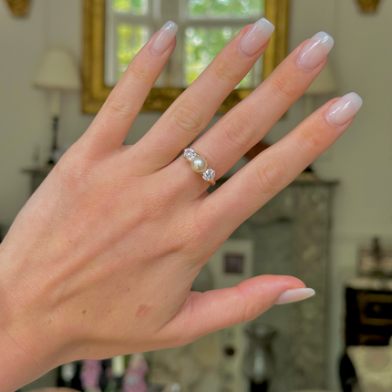 Antique, Edwardian, Natural Pearl and Diamond Three Stone Ring by Tiffany & Co.