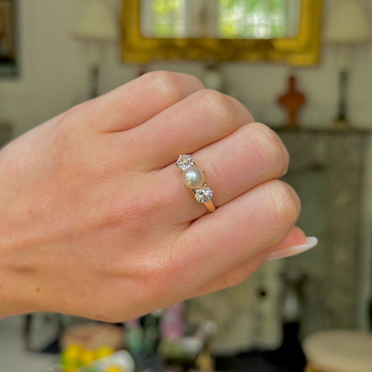 Antique, Edwardian, natural pearl & diamond three-stone ring by tiffany & co.