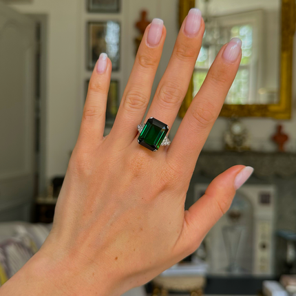 Art Deco Green Chrome Tourmaline and Diamond Ring, Platinum