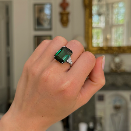 Art Deco Green Chrome Tourmaline and Diamond Ring, Platinum
