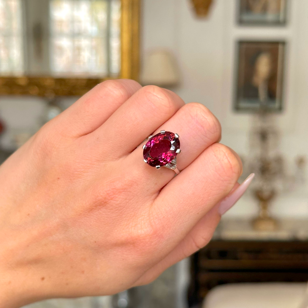 Art Deco 9.19ct rubellite red tourmaline cocktail ring platinum Antique Ring Boutique