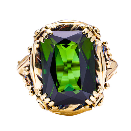 Antique, Art Nouveau, Chrome Green Tourmaline Ring, 14ct Yellow Gold
