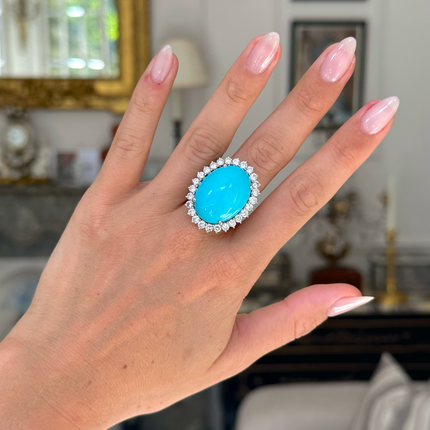 French, Large Natural Turquoise and Diamond Cluster Cocktail Ring, 18ct White Gold