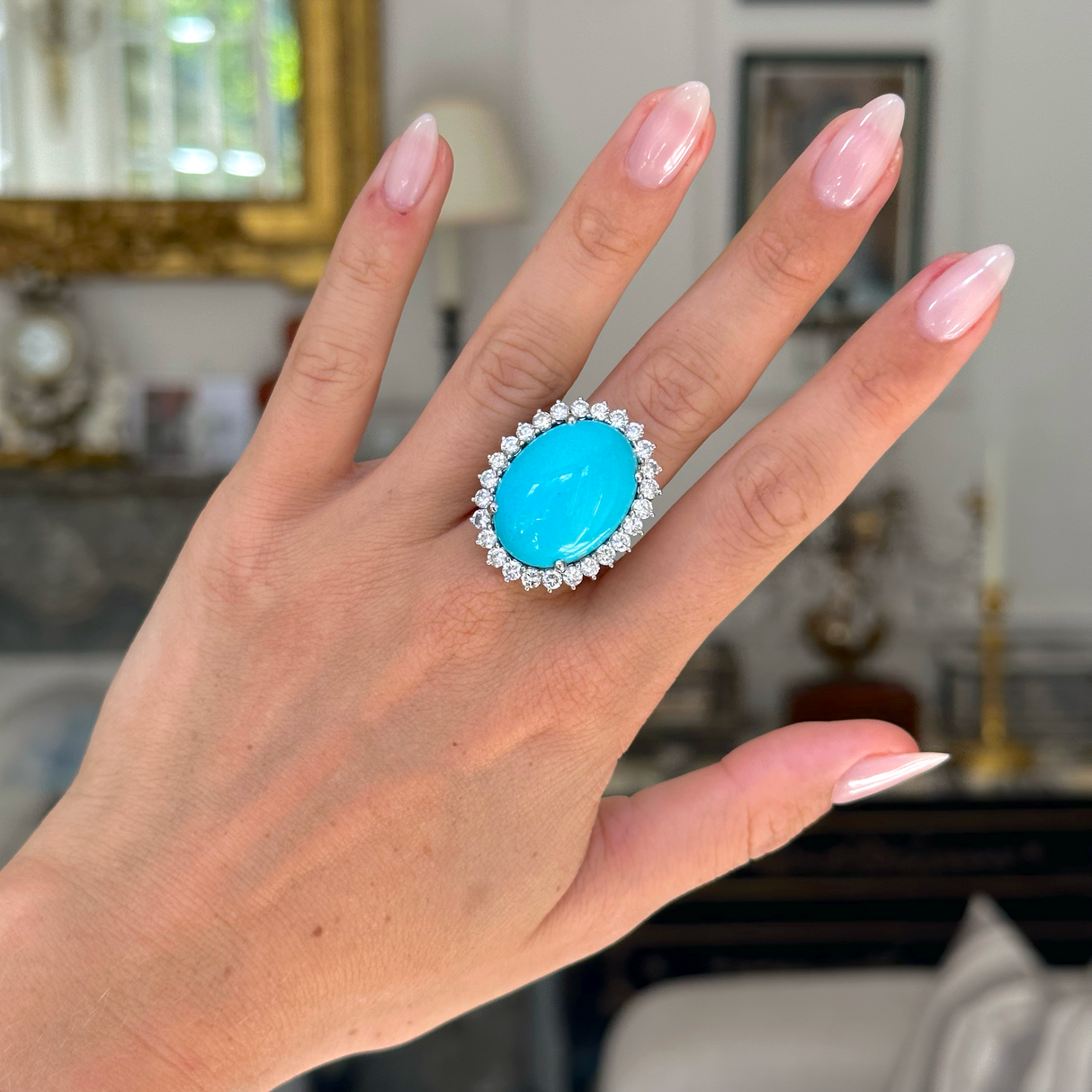 French, large natural turquoise & diamond cluster cocktail ring, 18ct white gold