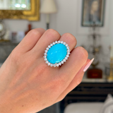 French, large natural turquoise & diamond cluster cocktail ring, 18ct white gold