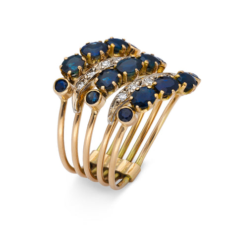 Unusual Sapphire and Diamond Harem Ring, 14ct Gold