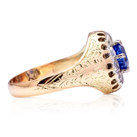 Antique, Victorian Blue Sapphire and Rose-Cut Diamond Daisy Cluster Ring, 14ct Yellow Gold