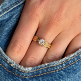 antique victorian diamond solitaire engagement ring worn on hand in pocket of denim jeans.