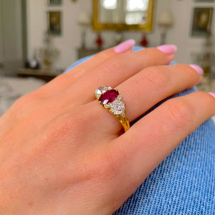 Victorian | A Stunning Ruby and Diamond Three-Stone Ring, 18ct Gold