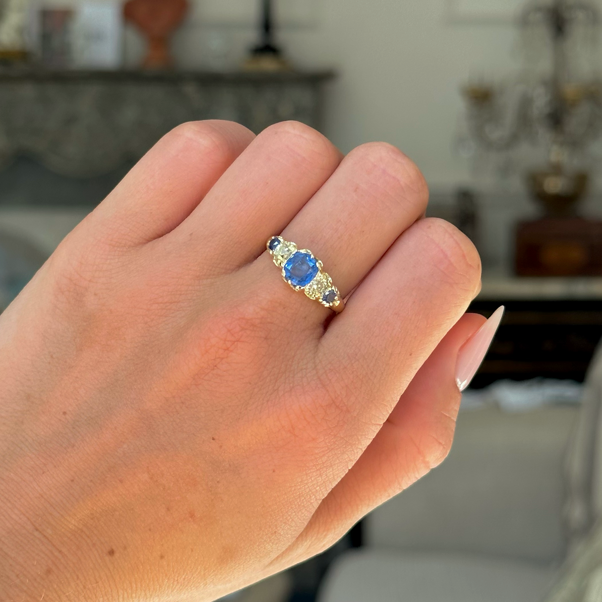 Antique, Ceylon Sapphire and Diamond Half Hoop Ring