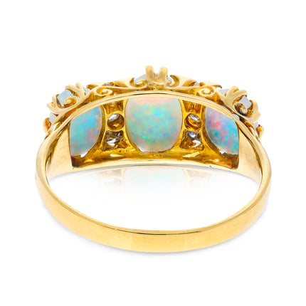 Antique, Edwardian, Three Stone Australian Opal and Diamond Ring, 18ct Yellow Gold