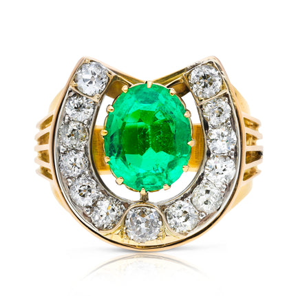 Antique Colombian Emerald and Diamond Horse Shoe Statement Ring