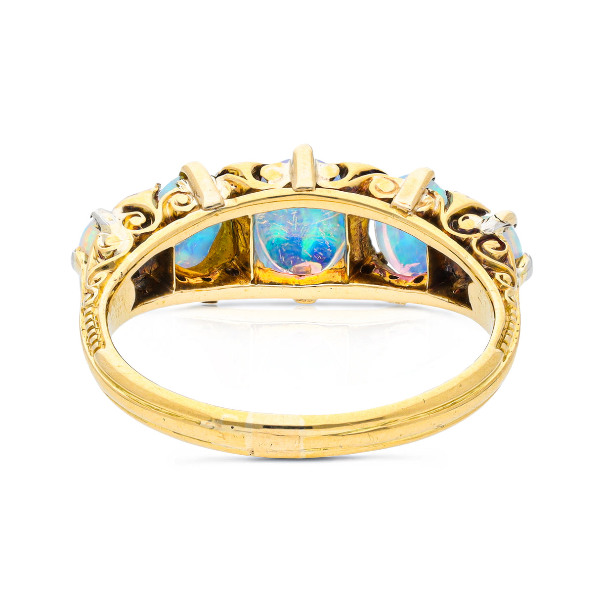 Victorian, crystal opal & diamond half hoop ring, 18ct yellow gold