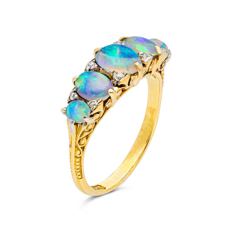 Victorian, crystal opal & diamond half hoop ring, 18ct yellow gold