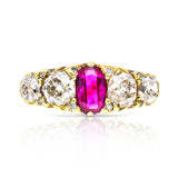 Victorian, oval-cut Burmese ruby & diamond five-stone engagement ring