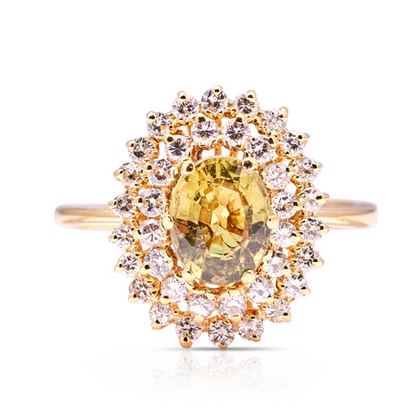 Vintage, 1950s green-yellow sapphire and diamond cluster ring, 18ct yellow gold front