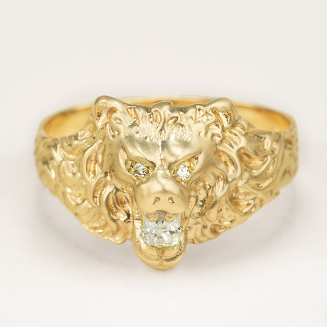 Vintage 1950s old-cut diamond lion’s head ring with diamond-set eyes