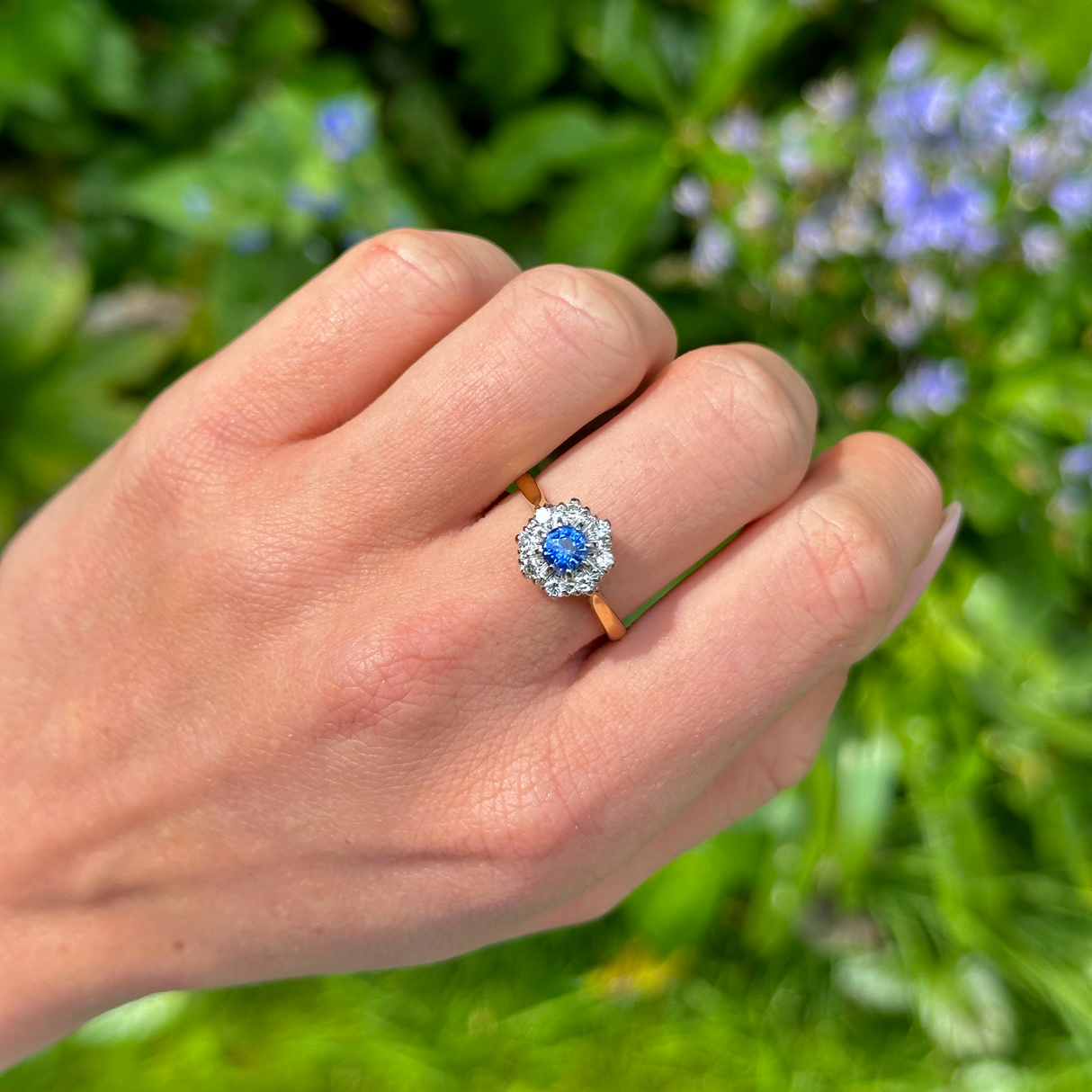 Vintage Sapphire and Diamond Cluster Ring, 18ct Yellow Gold worn on hand.