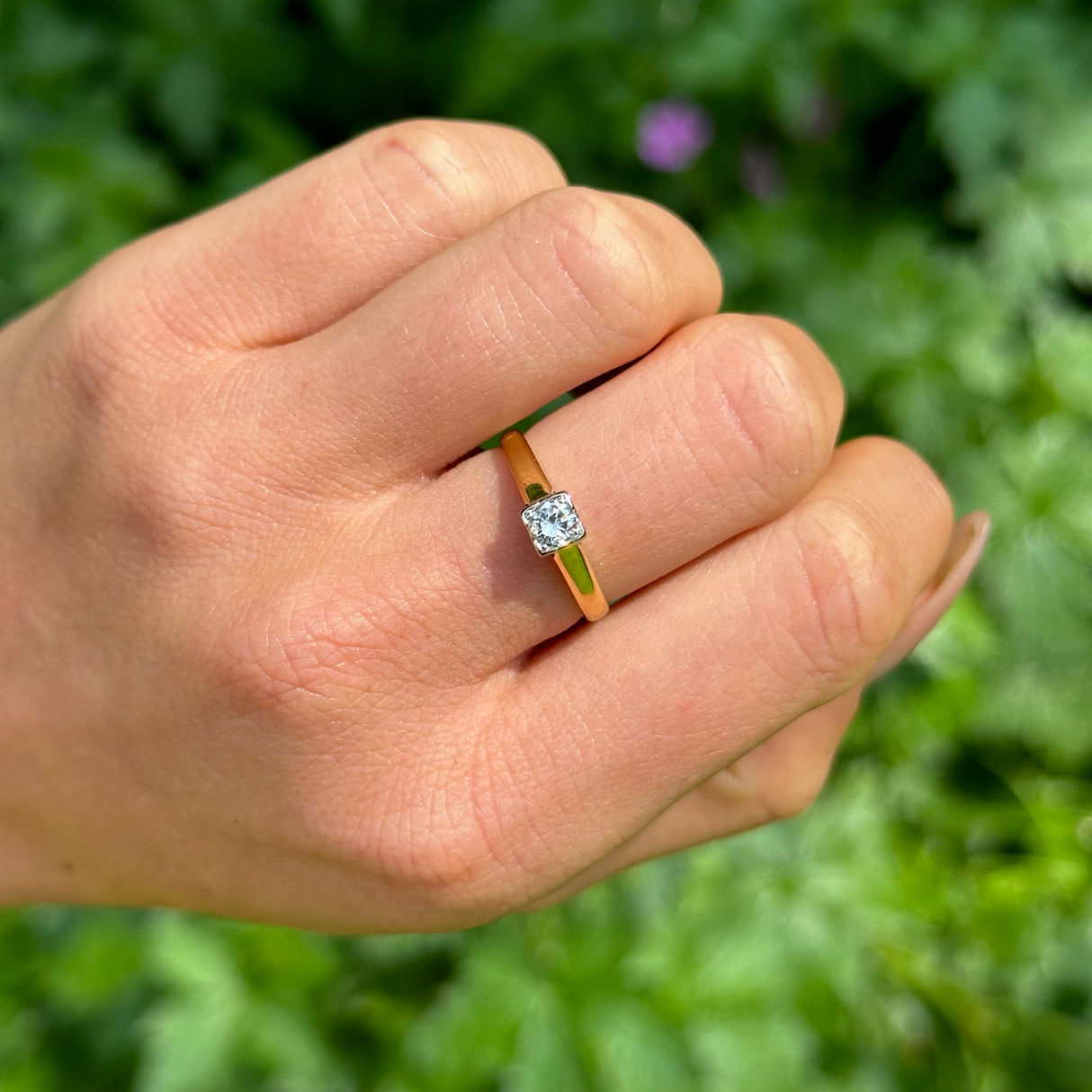 Vintage Solitaire Diamond Engagement Ring, 18ct Yellow Gold and Platinum worn on hand.