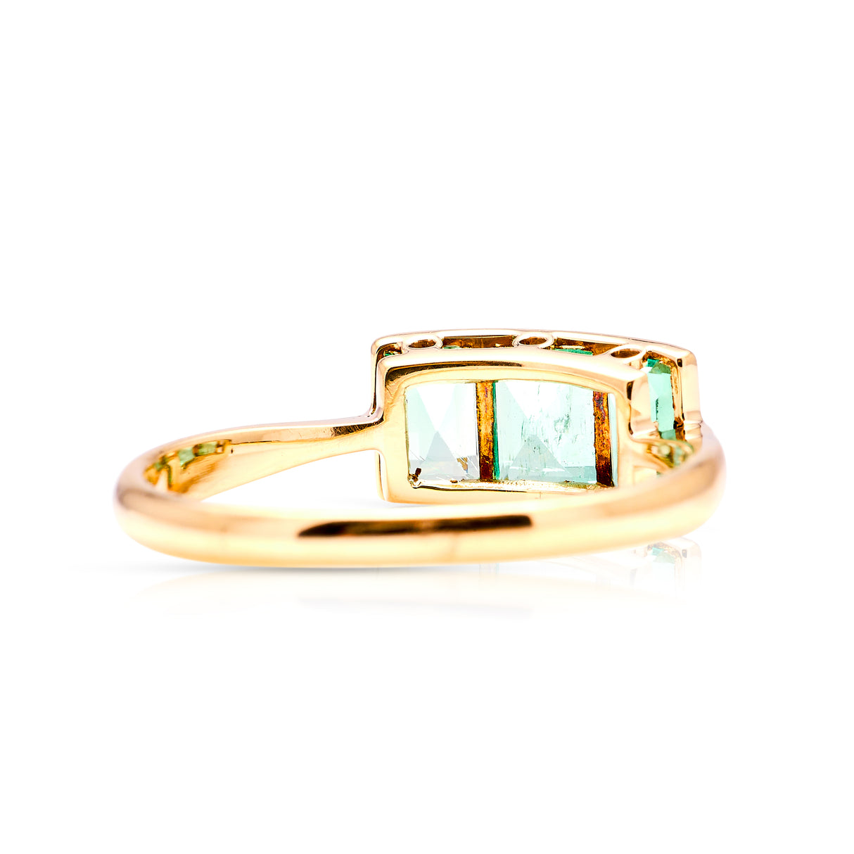 Vintage, 1930s three-stone emerald ring back view